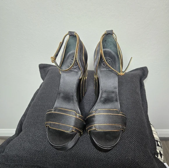 Tory Burch Black and Gold Wedges - Picture 2 of 5